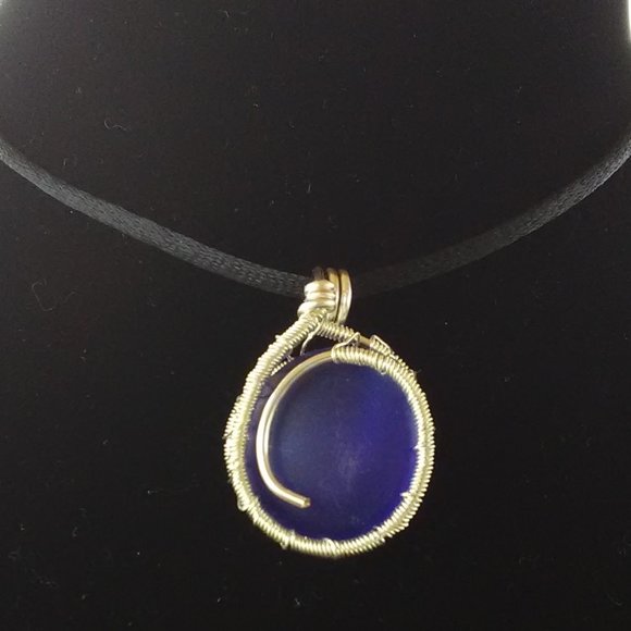 Dark Blue Sea Glass Silver Wrapped Necklace - Picture 2 of 2
